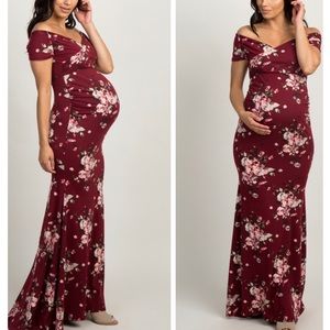 Burgundy Floral Off Shoulder Maternity Gown!
